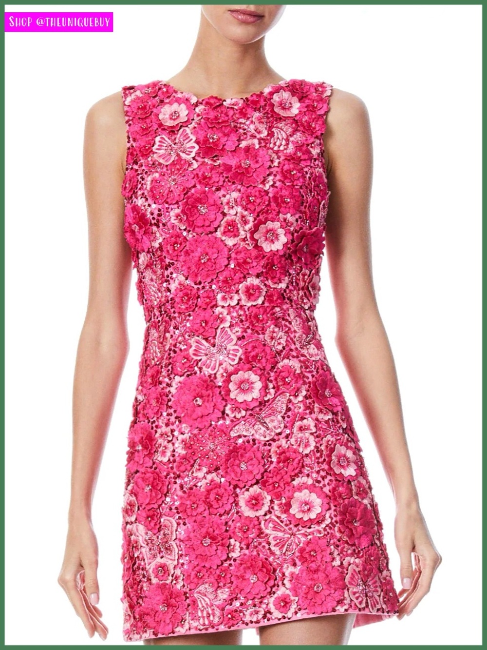Alice + Olivia Lindsey Floral Appliqué Embellished Pink Mini Gown Dress